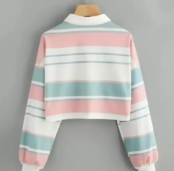Casual Cuffed Sleeves Striped Women Multicolor Top