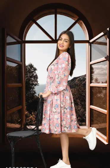 Trendy New Style Pink Floral Design Fit and Flare Dress for Women || Frock for Ladies || Frock for women