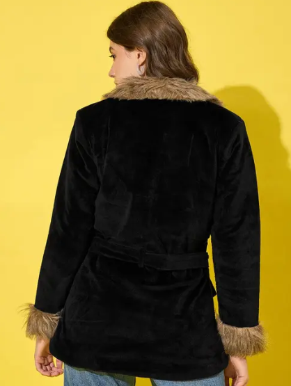 Buynewtrend Black Velvet Winter Coat Women Jacket With Soft Fur