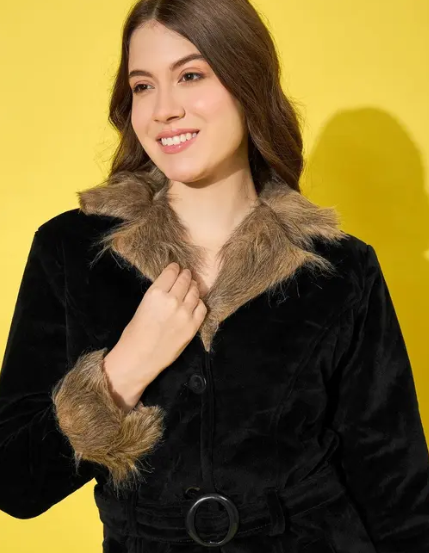 Buynewtrend Black Velvet Winter Coat Women Jacket With Soft Fur