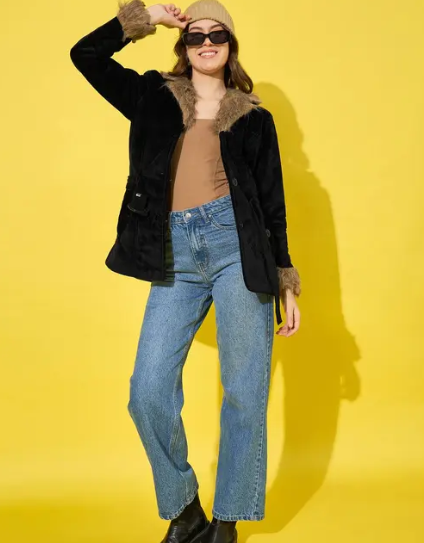 Buynewtrend Black Velvet Winter Coat Women Jacket With Soft Fur
